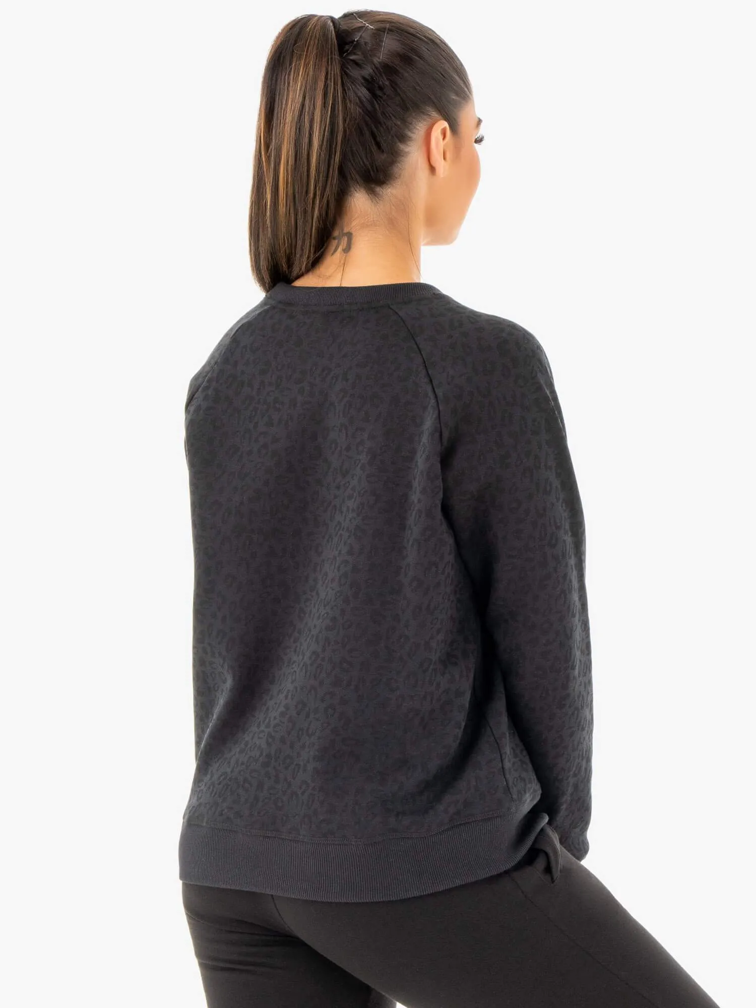 Grid Fleece Lining Adapt Boyfriend Sweater - Black Leopard