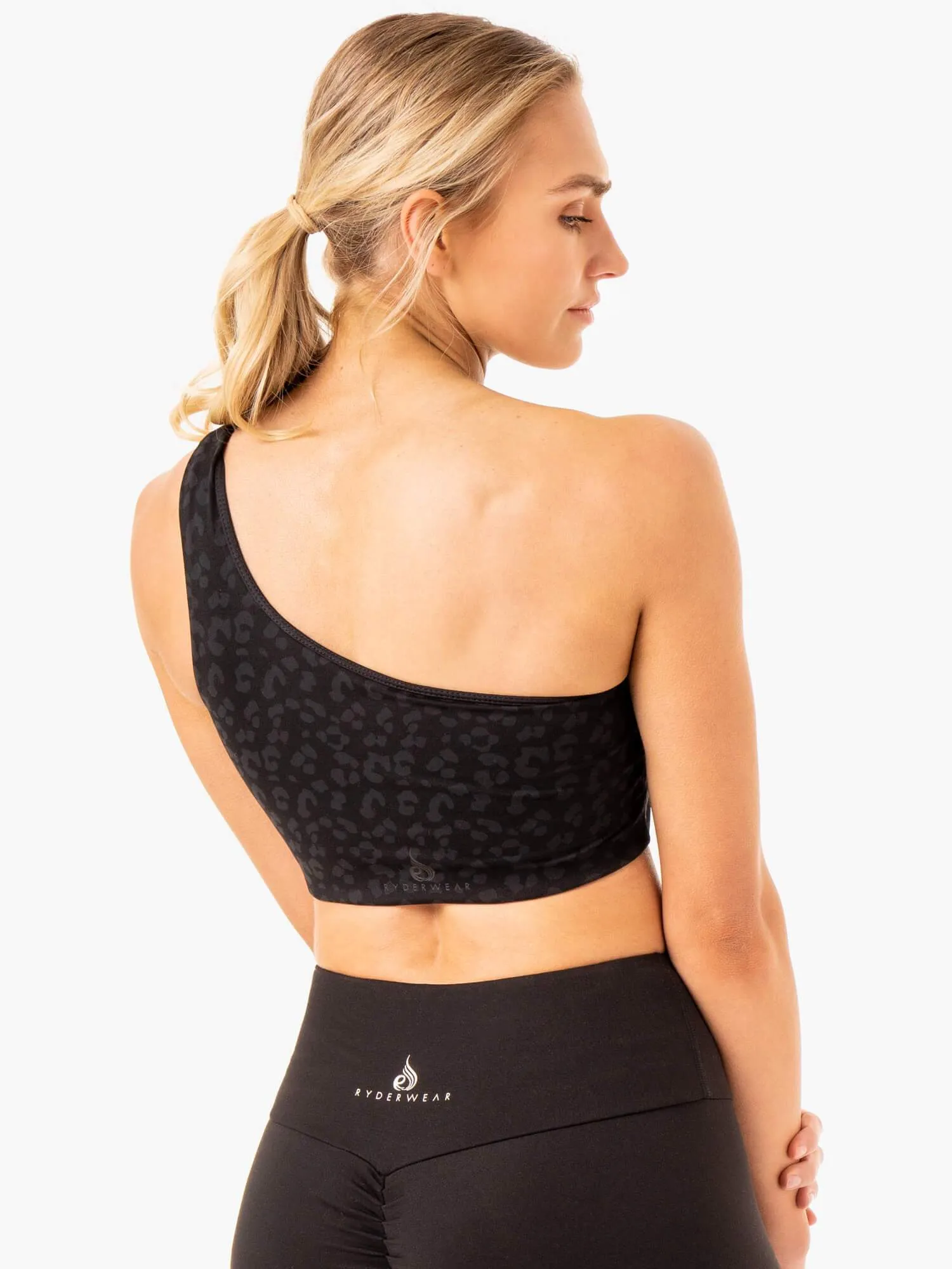 Adapt One Shoulder Sports Bra - Black Leopard All-day Comfort High neck seams