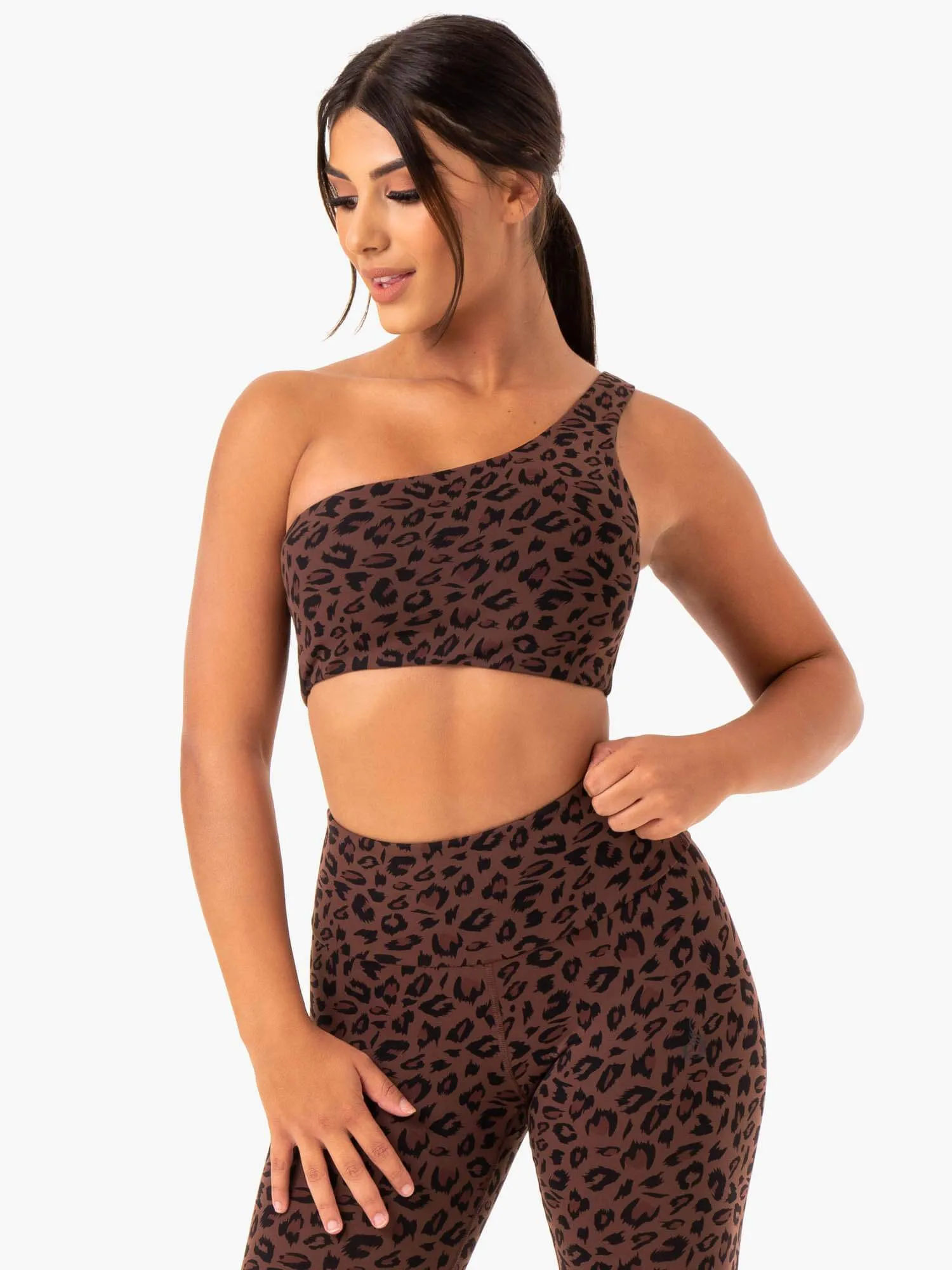 Adapt One Shoulder Sports Bra - Chocolate Leopard Lightweight Support Breathable seams