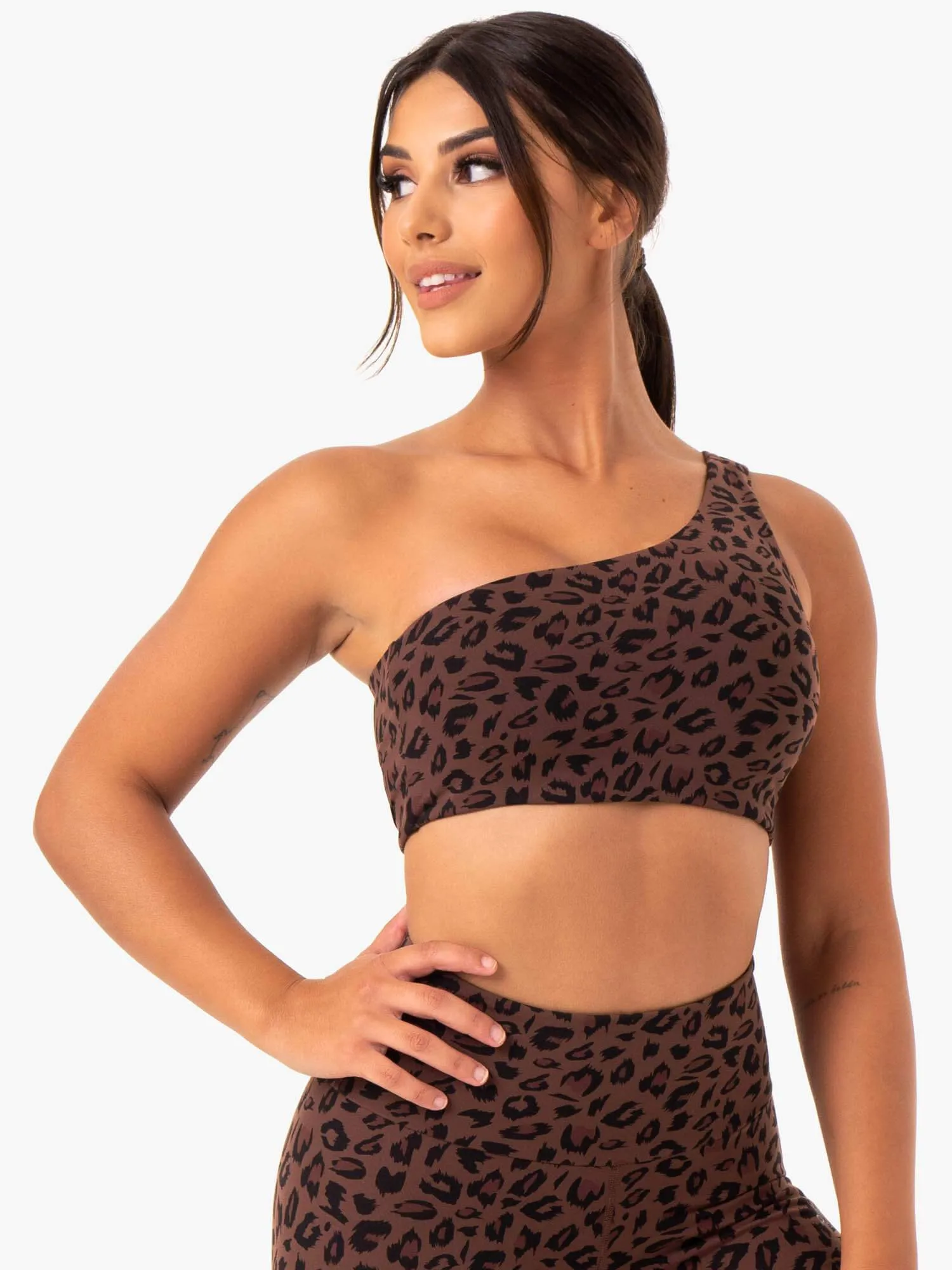 Adapt One Shoulder Sports Bra - Chocolate Leopard Racerback Design