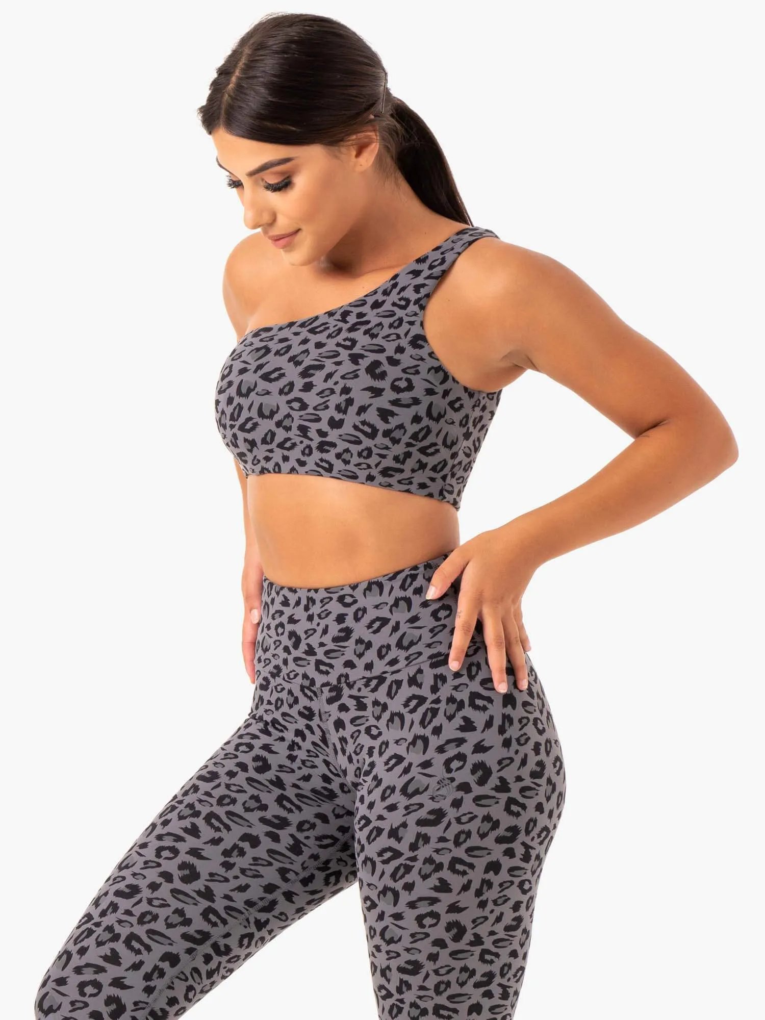 Adapt One Shoulder Sports Bra - Grey Leopard Compression Zone Technology Double stitching