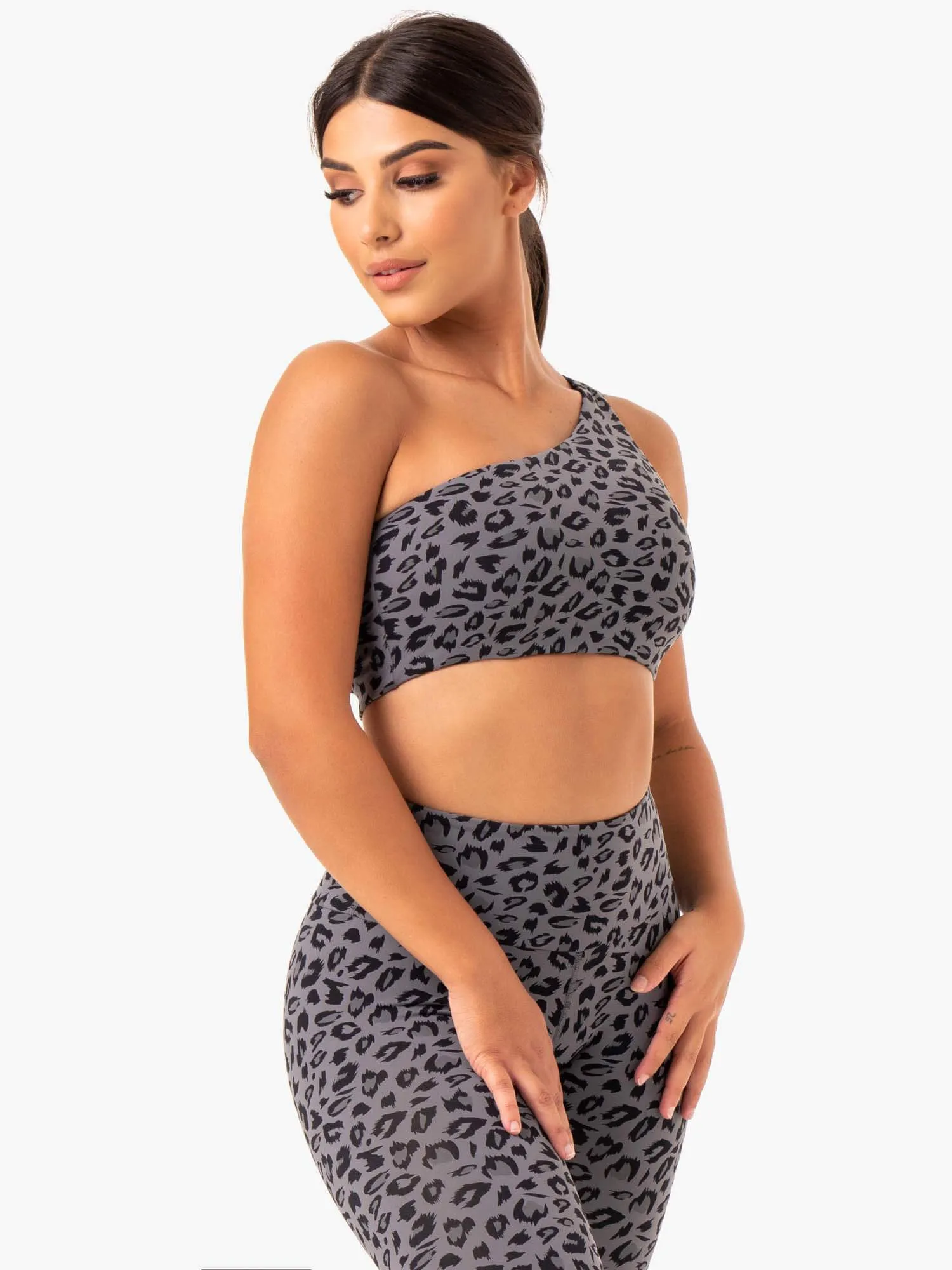 Adapt One Shoulder Sports Bra - Grey Leopard Removable straps seams Cardio workouts
