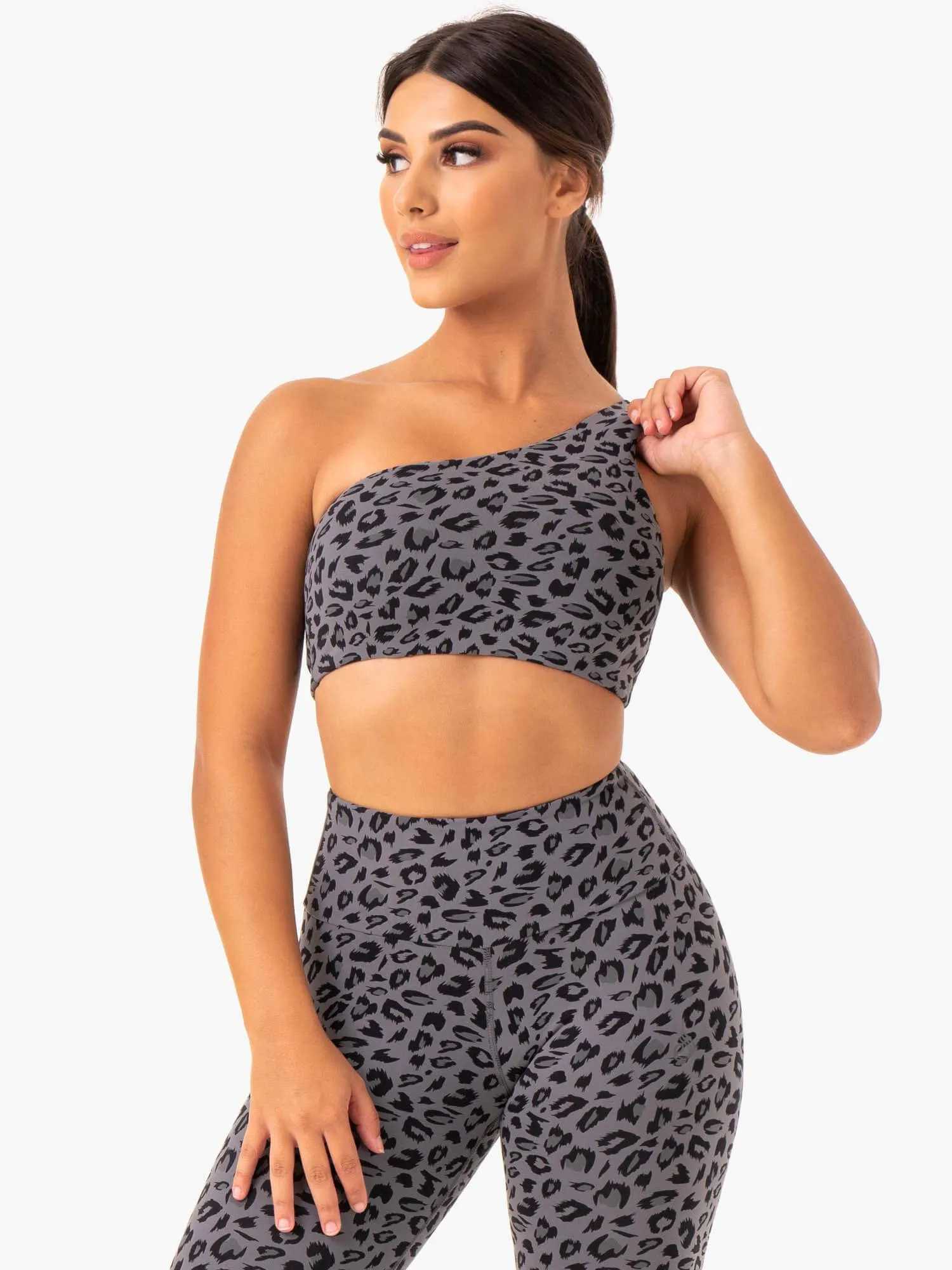 Accessorized Adapt One Shoulder Sports Bra - Grey Leopard