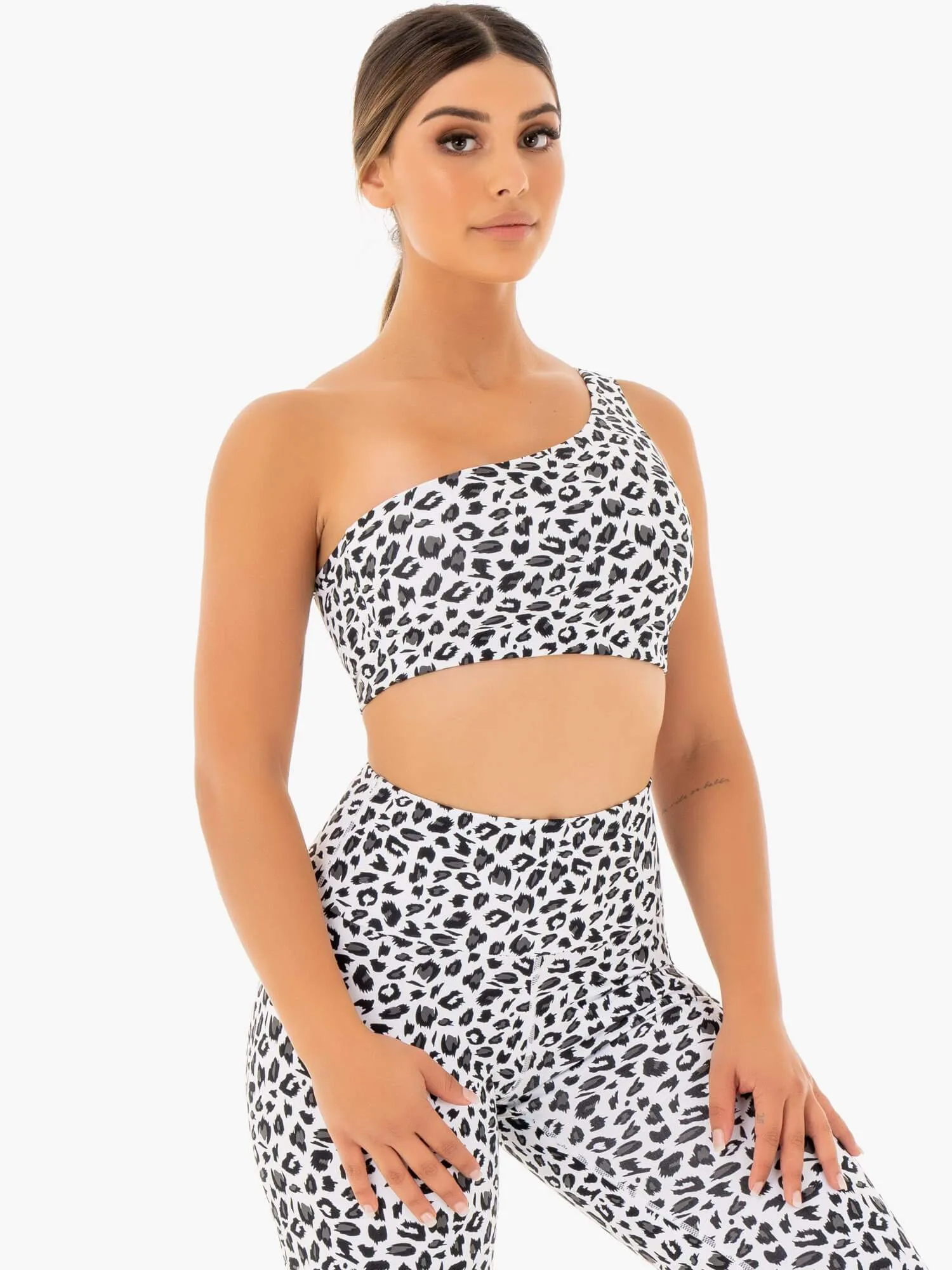 Adapt One Shoulder Sports Bra - Snow Leopard Raw edges