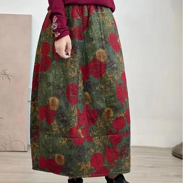 Hygienic Coating Women Winter Quilted Cotton Linen Floral A-Line Midi Skirt