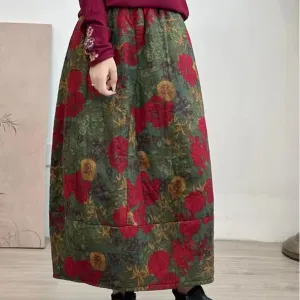 Hygienic Coating Women Winter Quilted Cotton Linen Floral A-Line Midi Skirt