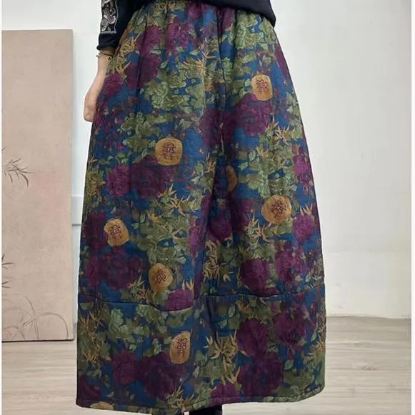 Collaboration Piece Hand Painted Women Winter Quilted Cotton Linen Floral A-Line Midi Skirt