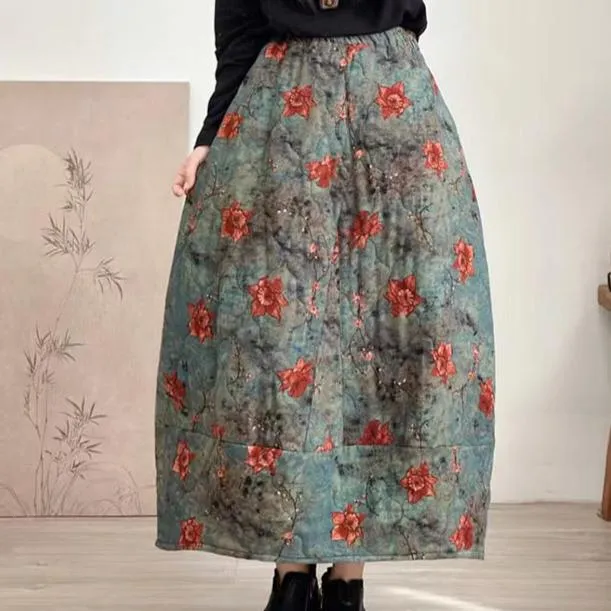 Relaxed Feel Women Winter Quilted Cotton Linen Floral A-Line Midi Skirt