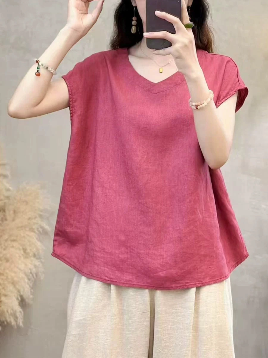 Elegant and Relaxed Retro Linen V Neck Solid Color Versatile Casule T-Shirt