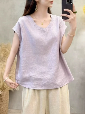 Comfort Wearable Comfy Vibe Retro Linen V Neck Solid Color Versatile Casule T-Shirt