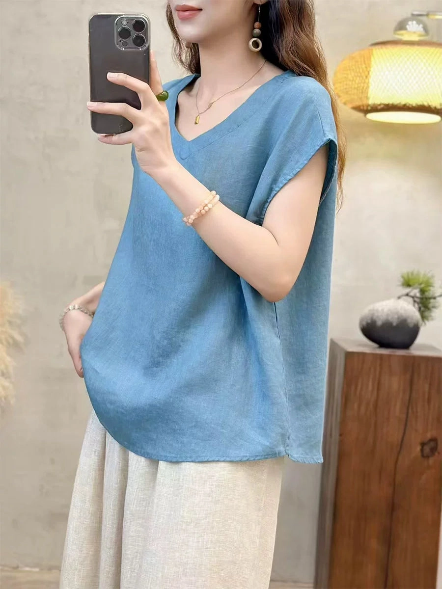 Chilly Comfort Retro Linen V Neck Solid Color Versatile Casule T-Shirt