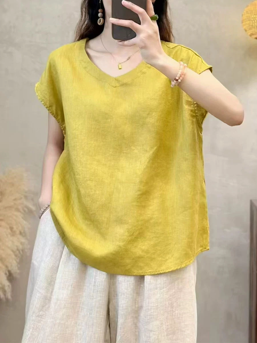 Midweight Knit Retro Linen V Neck Solid Color Versatile Casule T-Shirt
