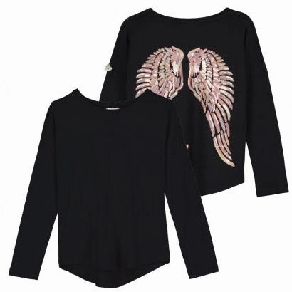 Angel's Face - Long Sleeve Slouch Wings Sequin Top Black Modern