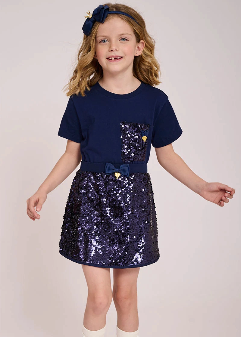 Silk like kids' wear Multicolored kids' clothes Angel's Face Kids Girls Marjorie Cotton Top with Sequin Pocket - Navy