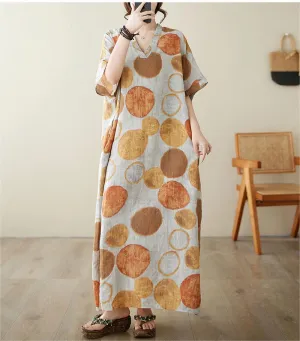 Women Summer V-Neck Cotton Linen Loose Dress Silky Movement