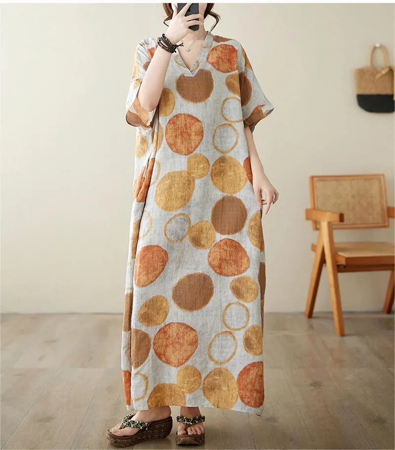 Women Summer V-Neck Cotton Linen Loose Dress Silky Movement