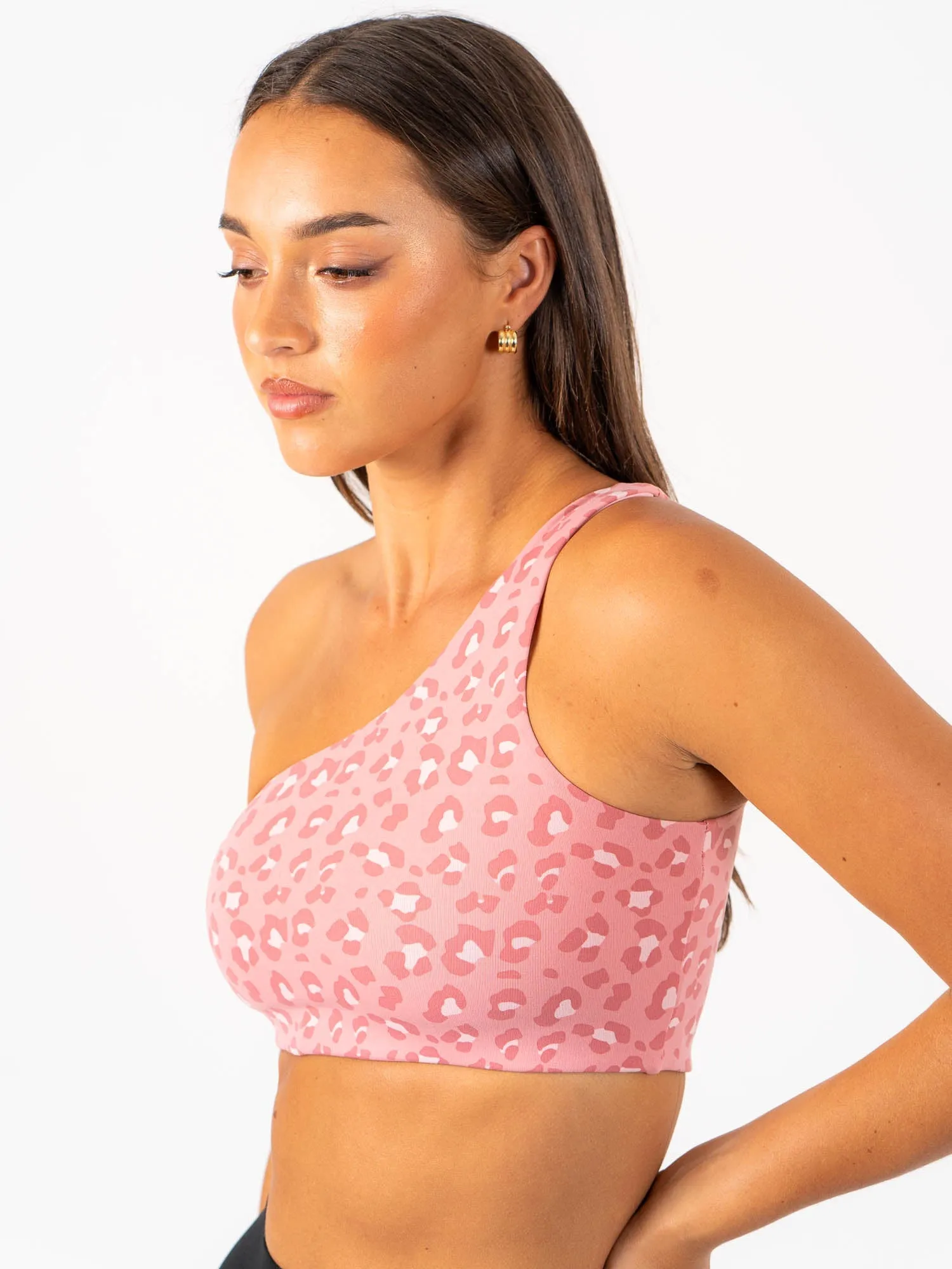 Adapt One Shoulder Sports Bra - Pink Leopard Racerback Design Performance Wear