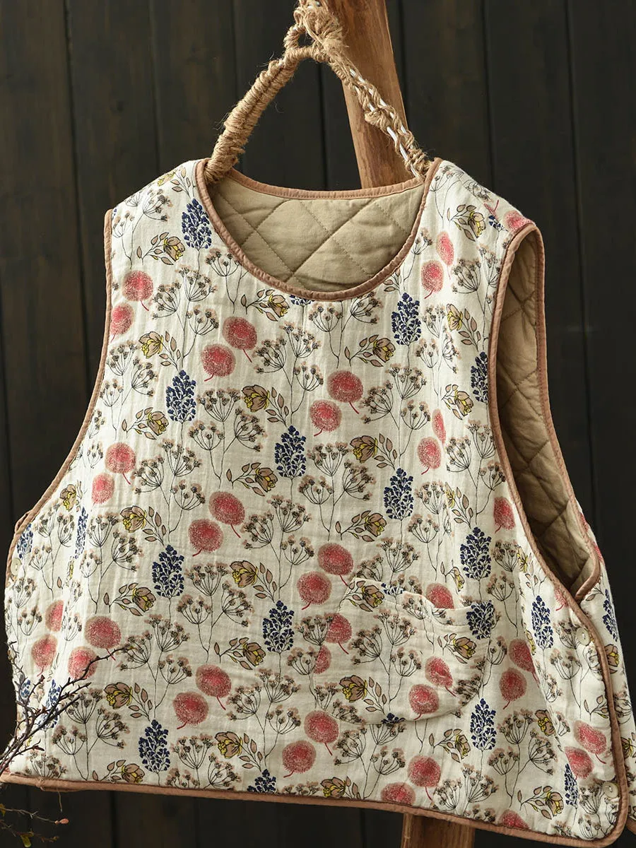 Babakud Women Winter Retro Printed Floral Cotton-Linen Quilted Vest Age Secure Pockets