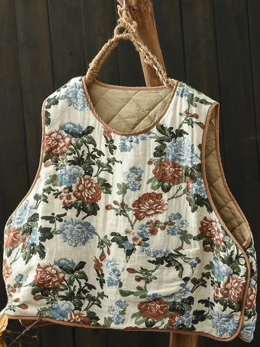 Advanced Moisture Management Babakud Women Winter Retro Printed Floral Cotton-Linen Quilted Vest