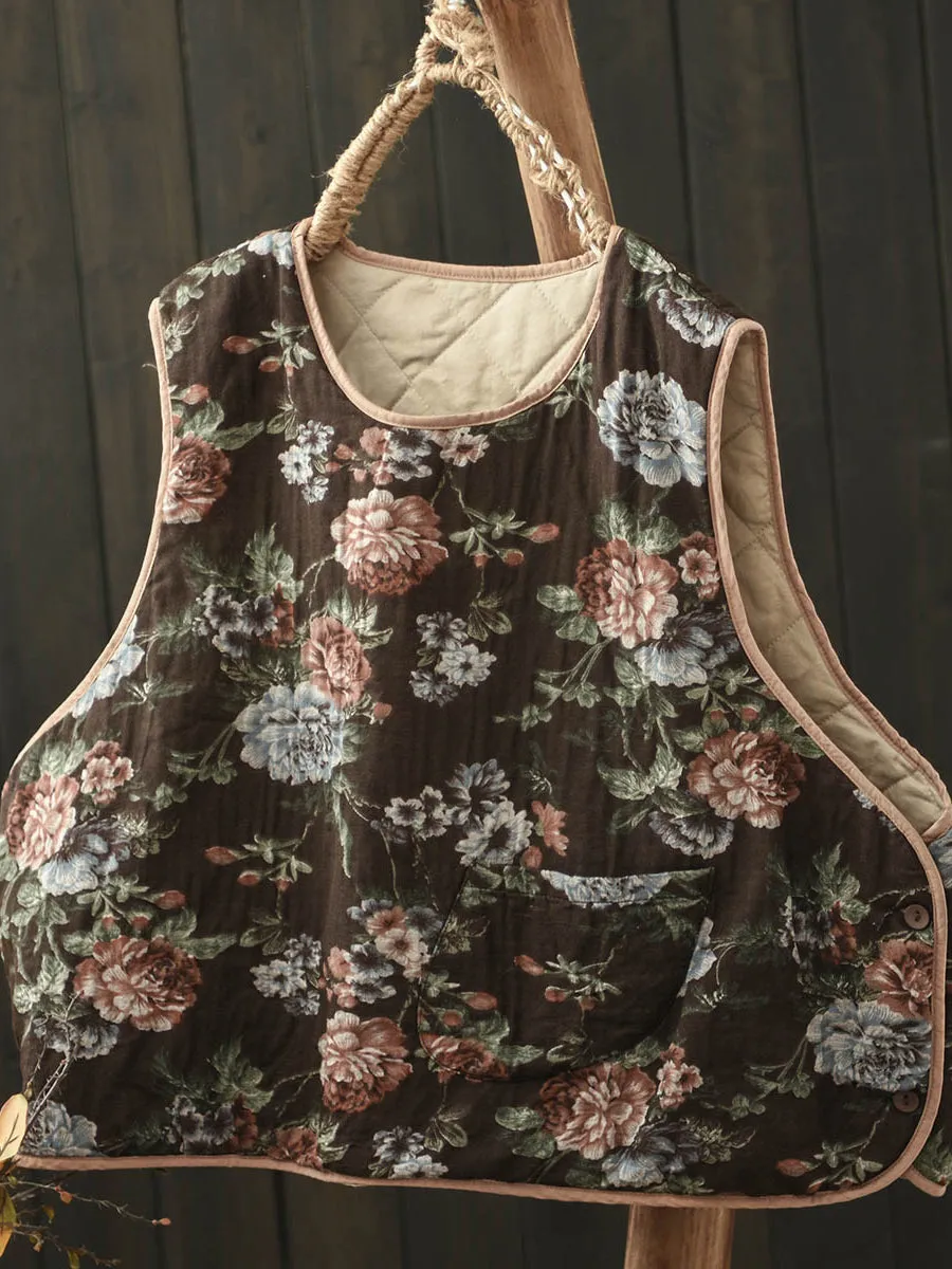 handy without collars Babakud Women Winter Retro Printed Floral Cotton-Linen Quilted Vest