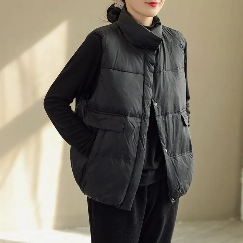 Women Solid Color Minimalist Winter Loose Down Vest Tear Resistant Weave