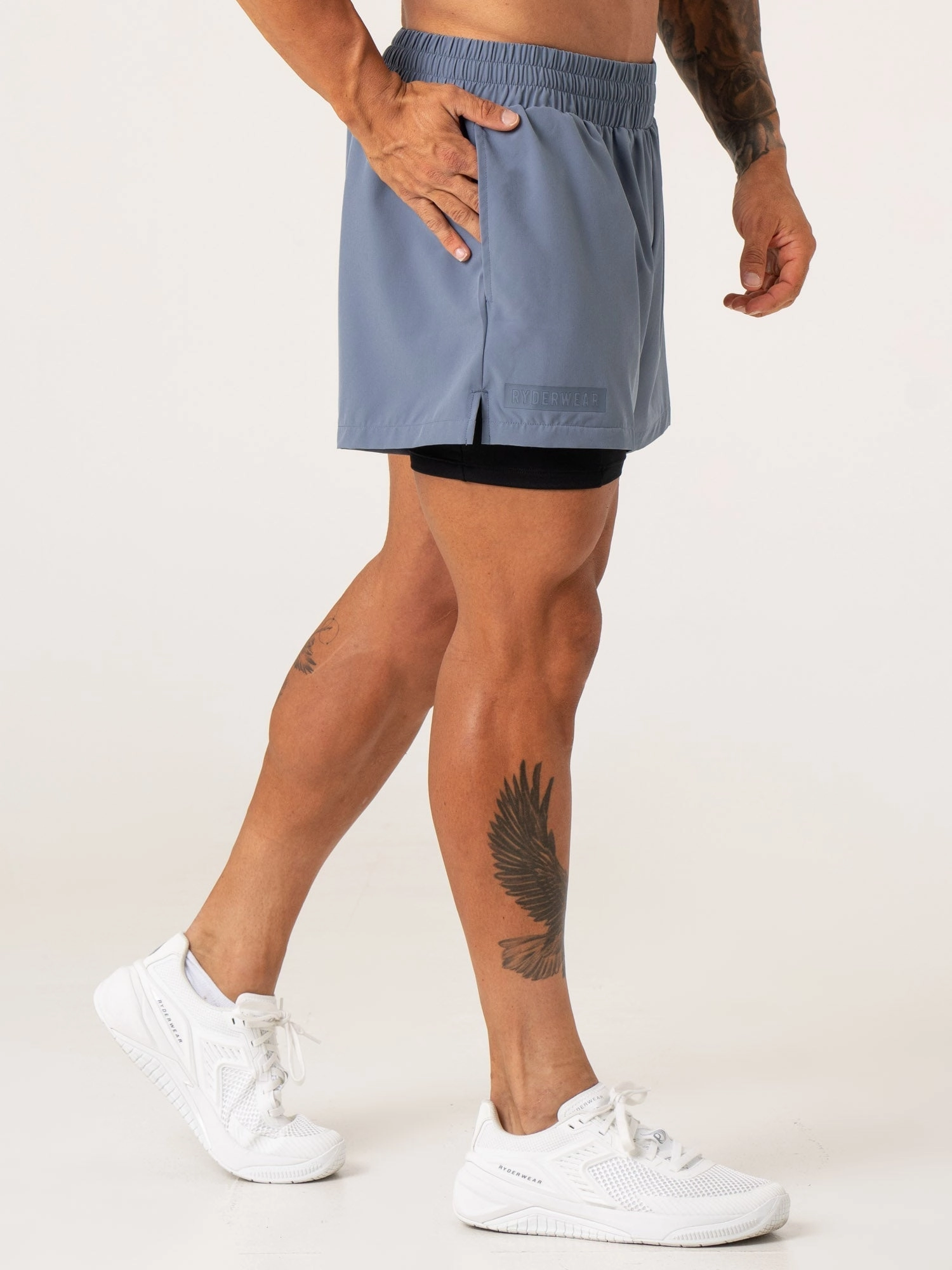 Pursuit 2 In 1 Training Shorts - Denim Blue Ergonomic Contour Shape Vegan Leather