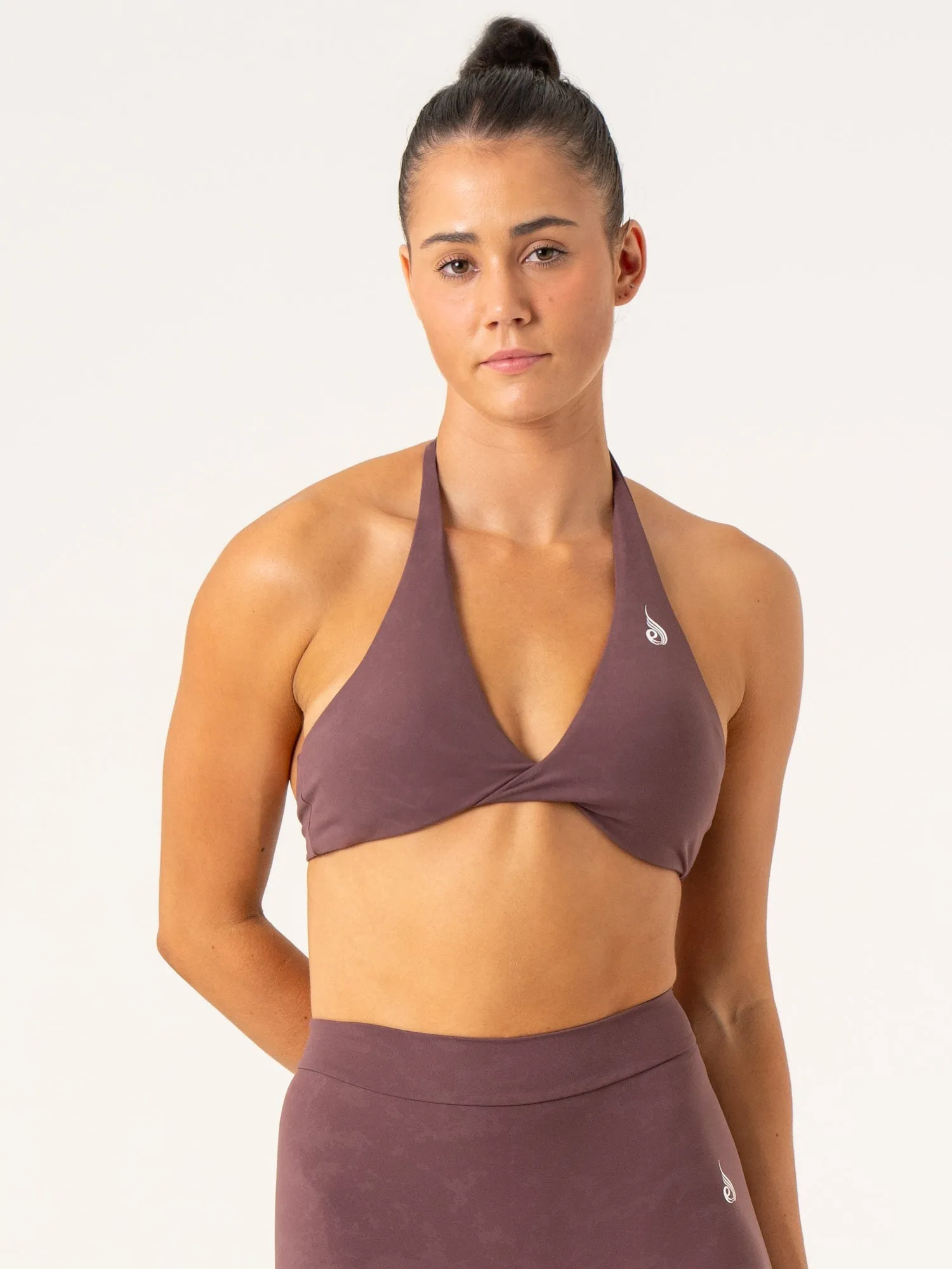 NKD Stonewash Halter Sports Bra - Chocolate Stonewash Smooth Support