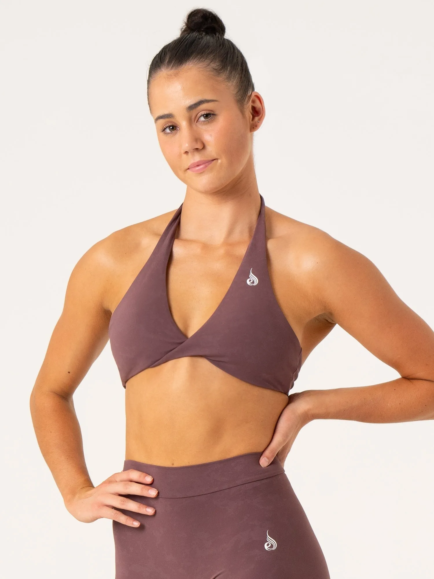 competitions Compression Zone Technology NKD Stonewash Halter Sports Bra - Chocolate Stonewash