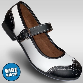 Flexible structure Aris Allen Black and White Snub Toe Mary Jane Wingtips - Wide Width