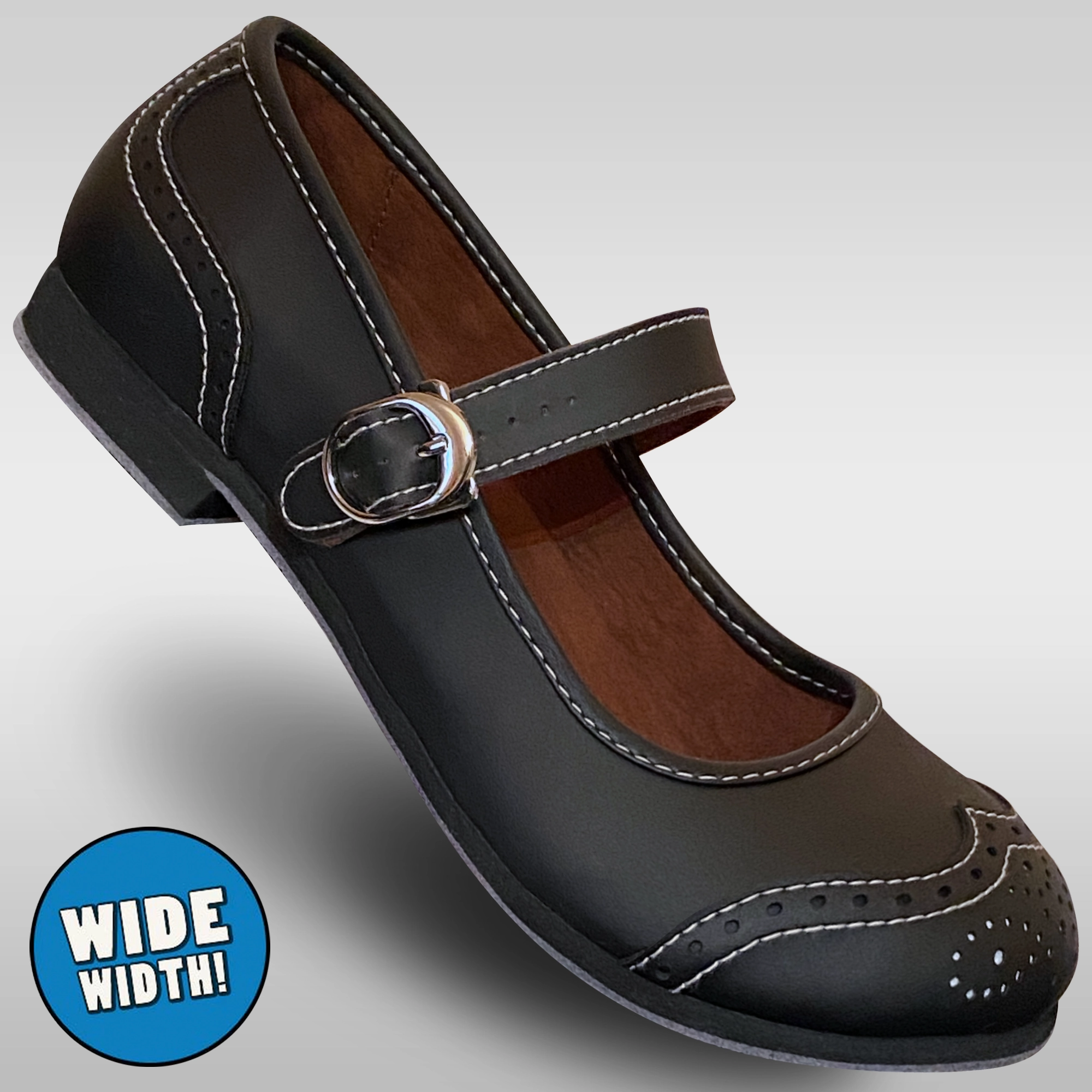 Aris Allen Black Snub Toe Mary Jane Wingtips - Wide Width stretchy design Pull Tab
