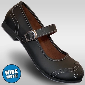Aris Allen Black Snub Toe Mary Jane Wingtips - Wide Width stretchy design Pull Tab