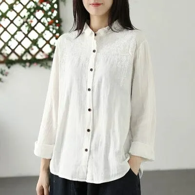 Wardrobe Essential Cozy Option Autumn Retro Casual Loose Cotton Blouse