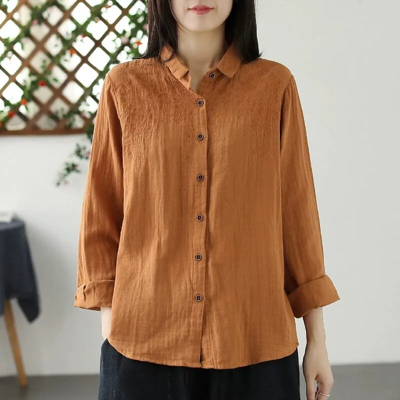 Autumn Retro Casual Loose Cotton Blouse Embellished Neckline Anniversary Celebration