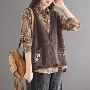 Autumn Retro Hollow Loose Cotton Knitted Vest bit linen material