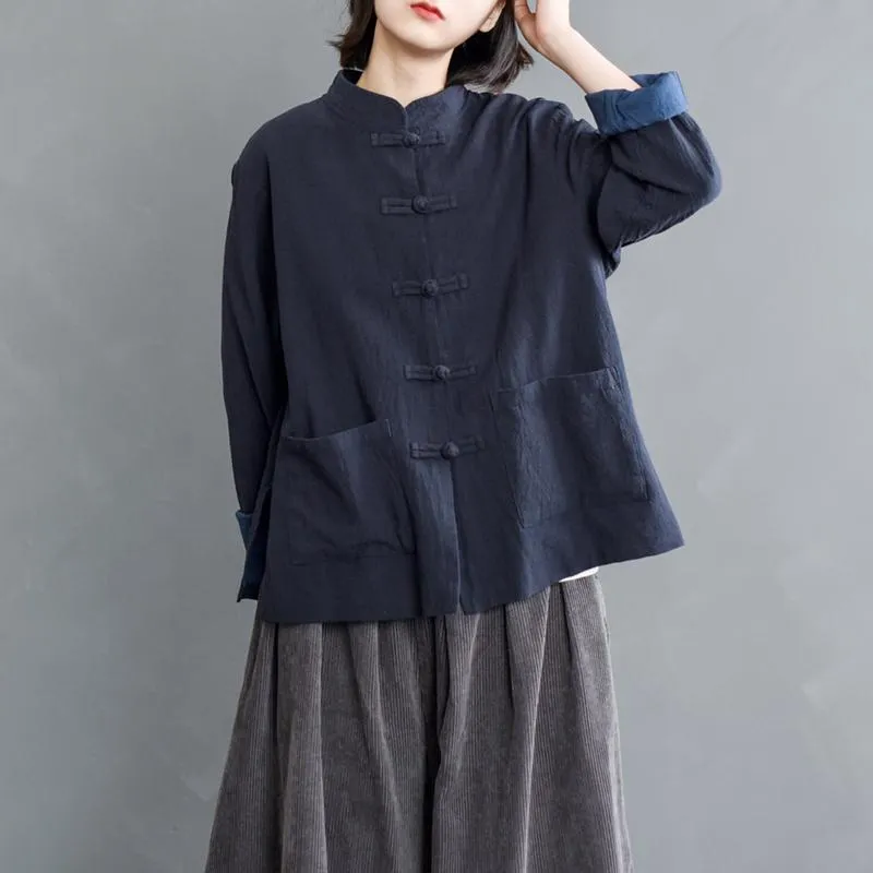 Autumn Stand Collar Blouse Retro Cotton Linen Relaxed Wear Midweight Textile