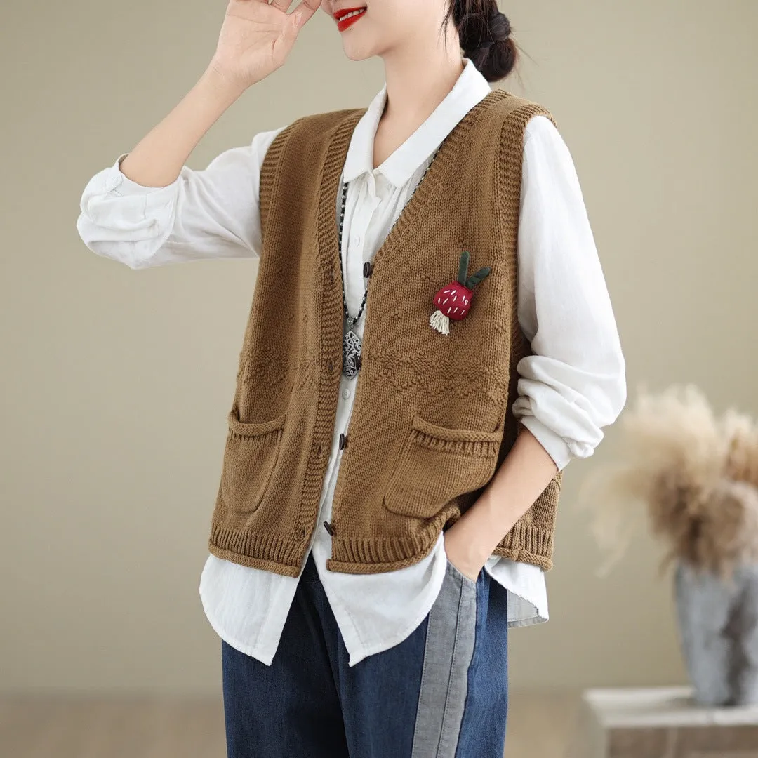 irregular stretchability Autumn V-neck Pockets Cotton Knitted Vests