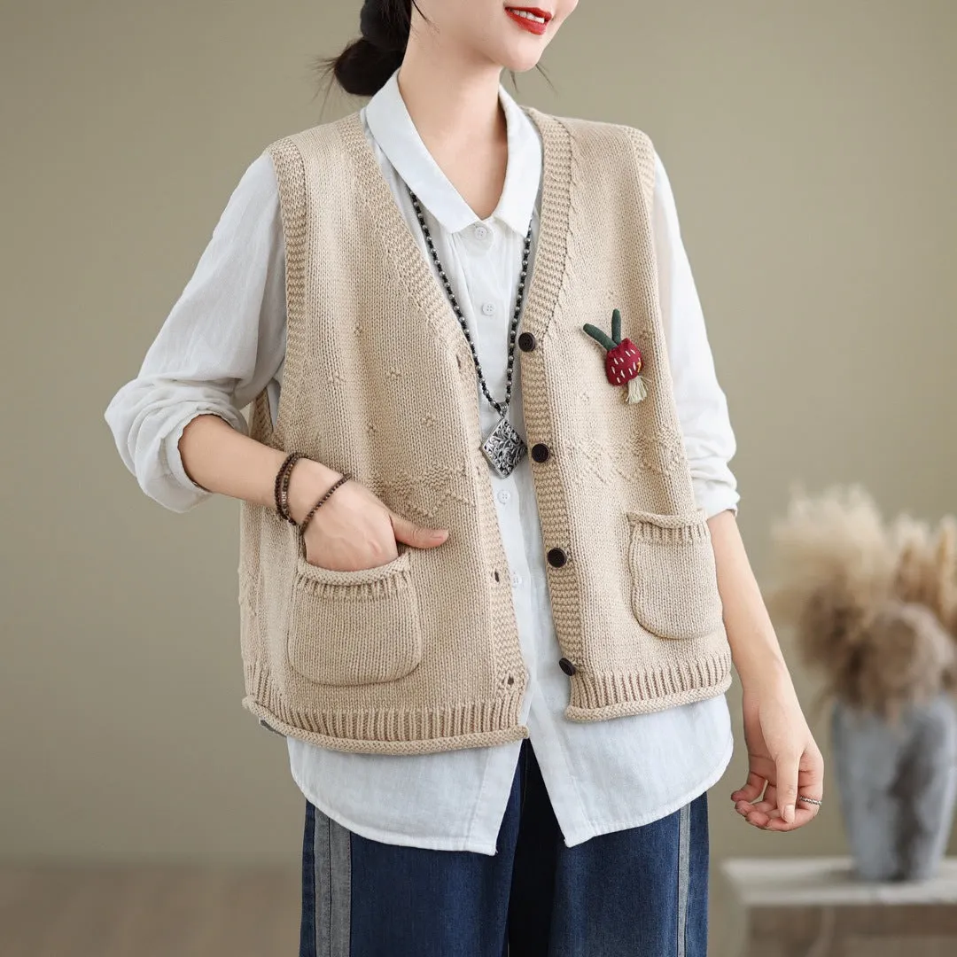 Autumn V-neck Pockets Cotton Knitted Vests Cushion Customizable