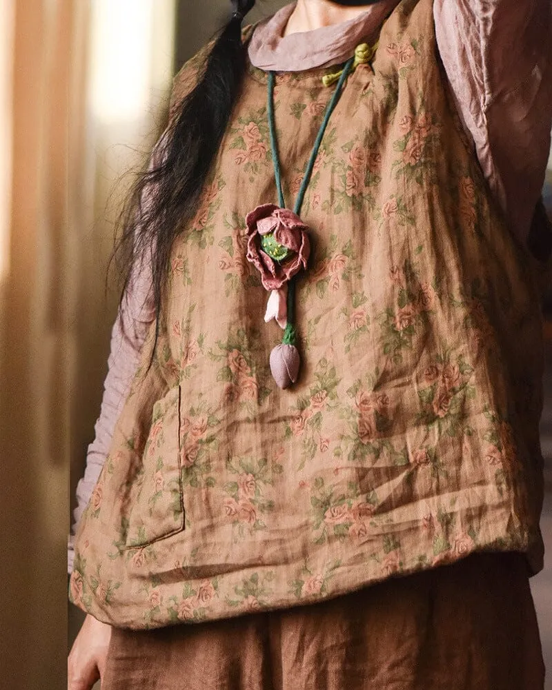 Autumn Winter Retro Floral Loose Padded Linen Vest Hypoallergenic Lining