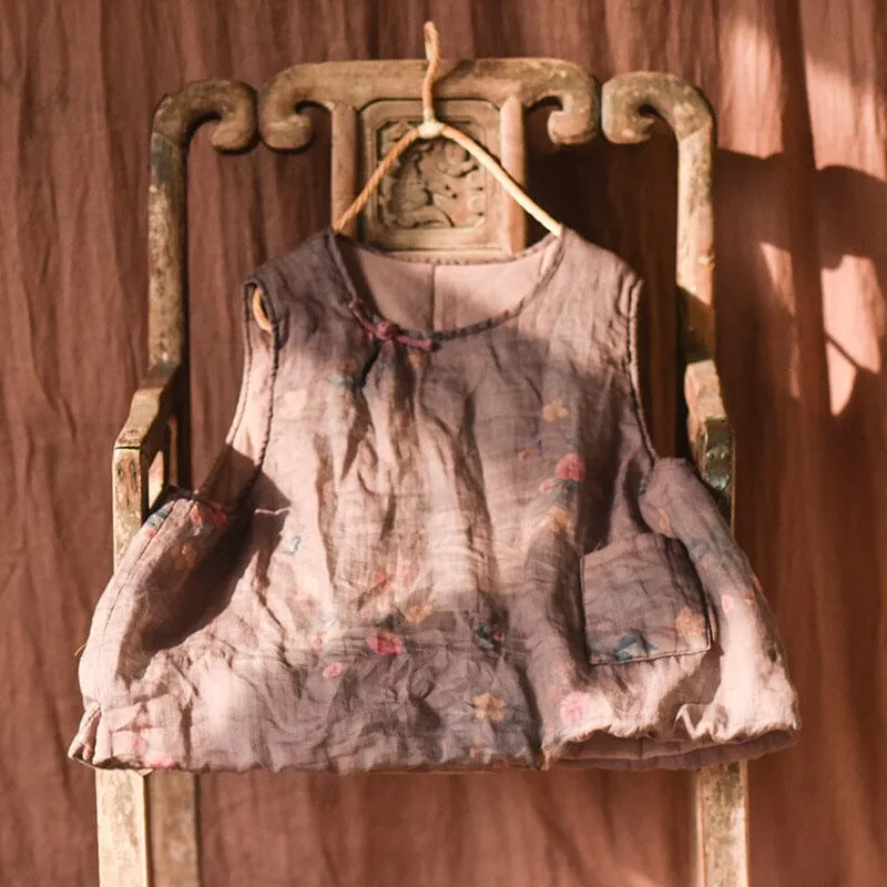 Autumn Winter Retro Floral Loose Padded Linen Vest High