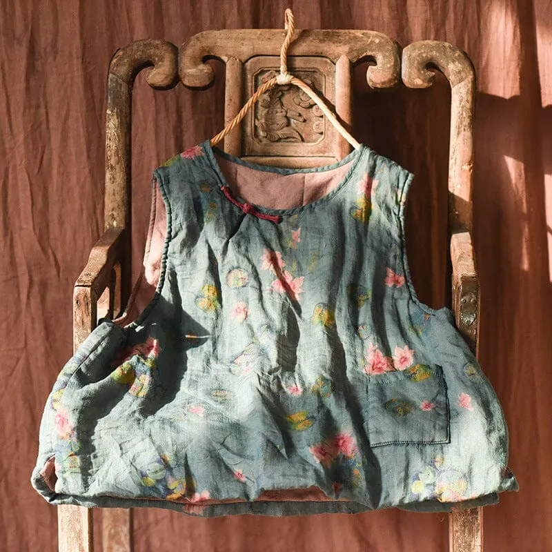 Autumn Winter Retro Floral Loose Padded Linen Vest popular among seniors