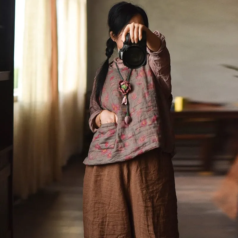 Budget Friendly Tight Fit Autumn Winter Retro Floral Loose Padded Linen Vest