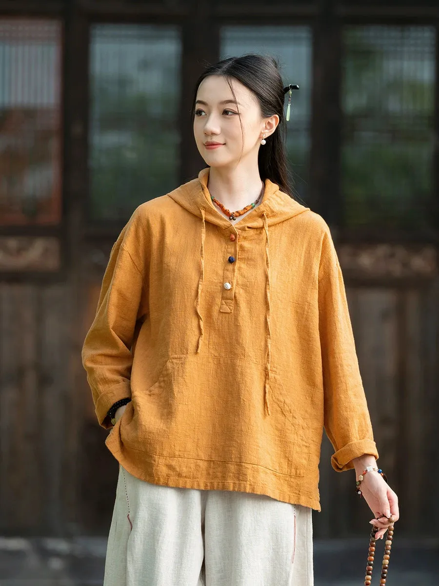Autumn Women Retro Linen Long Sleeves Casual Hoodie Shirt Relaxed Fit Design