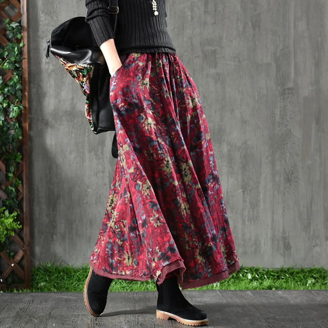Bold Cut Tonal Layering Babakud Retro Floral A-Line Cotton Skirts