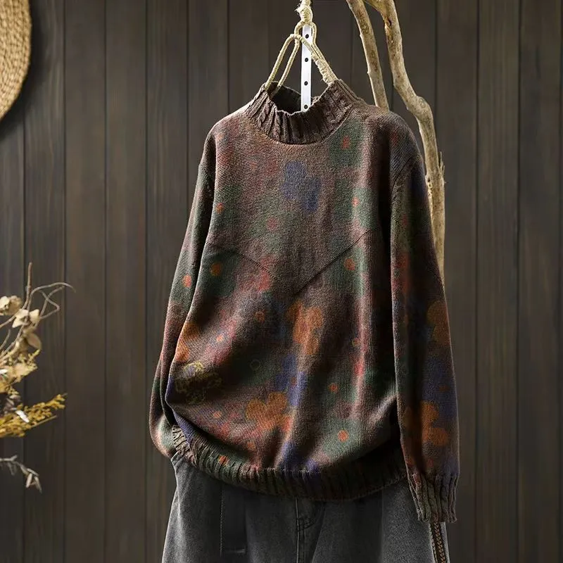 Babakud Women Autumn Artistic Flower Printed Cotton Knitted Sweater Cozy Flex Wear