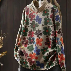 Warm Knit Design Cozy Midweight Fabric Babakud Women Autumn Artistic Flower Printed Cotton Knitted Sweater