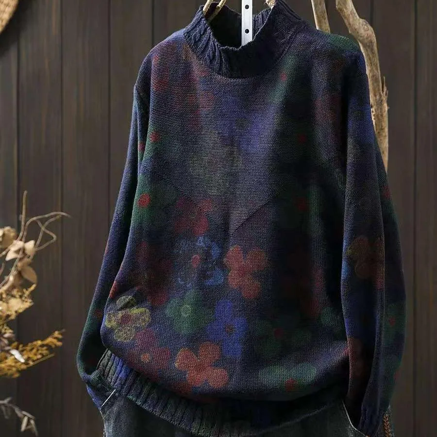 Warm Knit Cozy Midweight Fabric Babakud Women Autumn Artistic Flower Printed Cotton Knitted Sweater