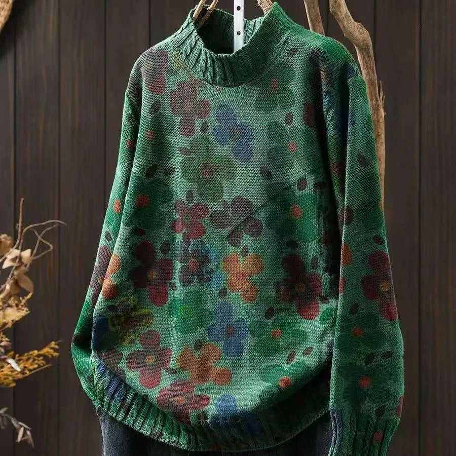 Cozy and trendy Soft And Comfortable Babakud Women Autumn Artistic Flower Printed Cotton Knitted Sweater