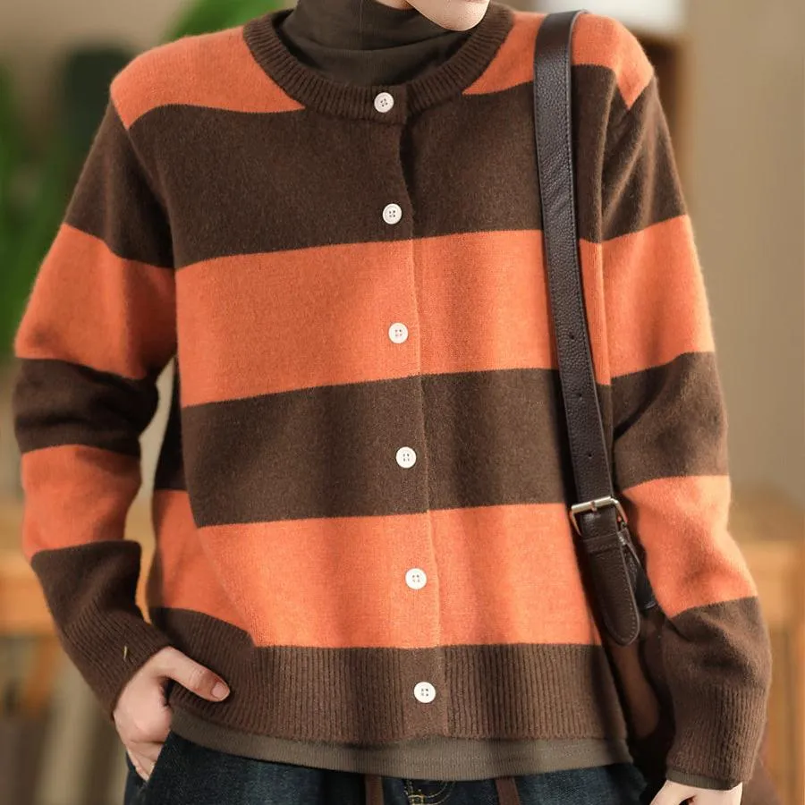 Wrinkle Free Material Babakud Women Autumn Color Matching Striped Wool Knitted Sweater