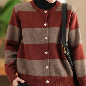 Babakud Women Autumn Color Matching Striped Wool Knitted Sweater Crew Neck Design