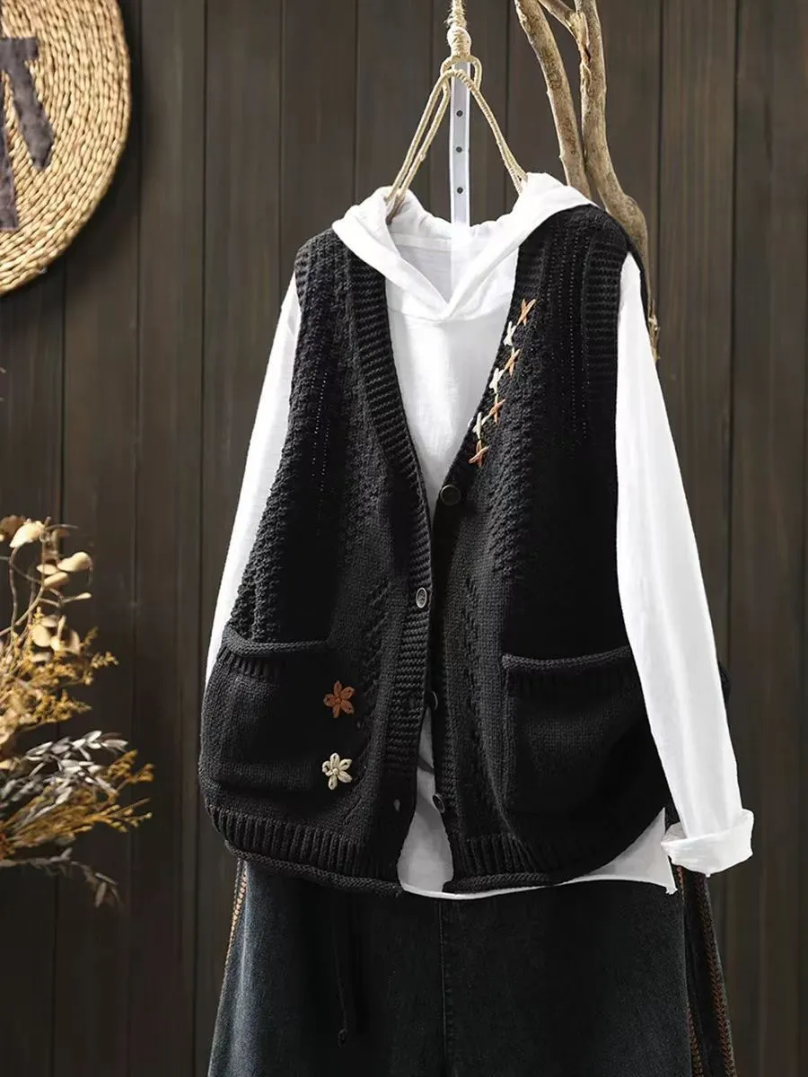 Babakud Women Autumn Embroidered Cotton Knitted Casual Vest Quick Access Slots